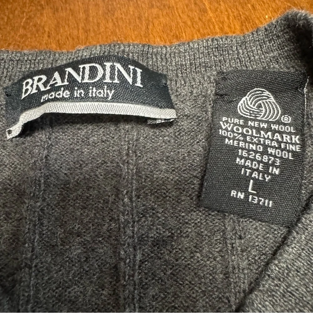 Brandini Sweater Men's Large Dark Gray V-Neck Ribbed 100% Merino Wool Pullover